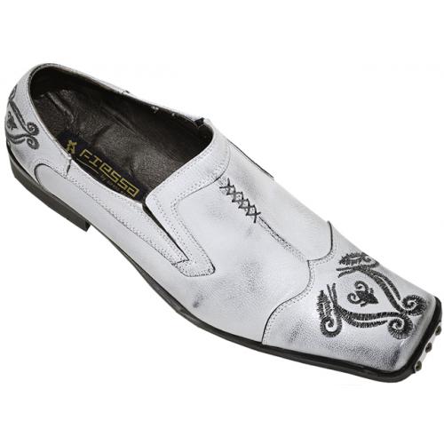 Fiesso Silver Grey Embroidered Design Distressed Leather Loafer Shoes FI8126.